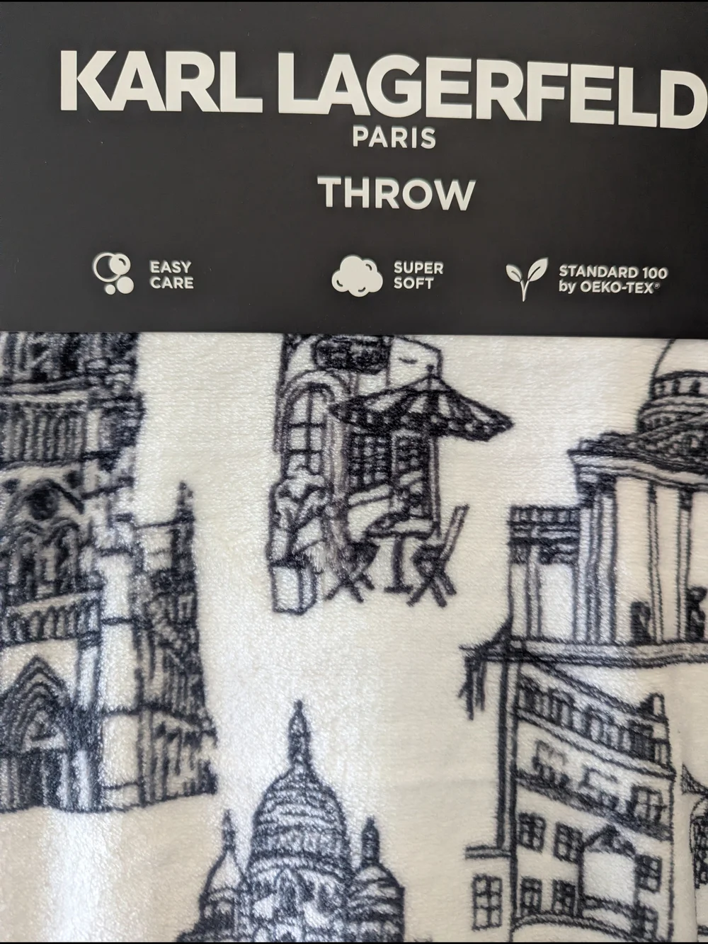 Karl Lagerfeld Throw Blanket 60x70 Black White Paris Print Super Soft OEKO